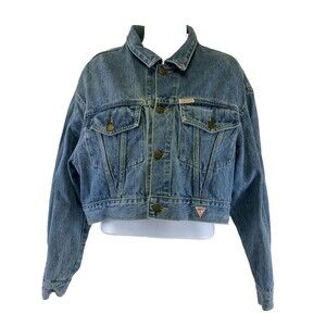 Guess Georges Marciano Cropped Denim Jacket Blue Jane Button Collar Womens Large